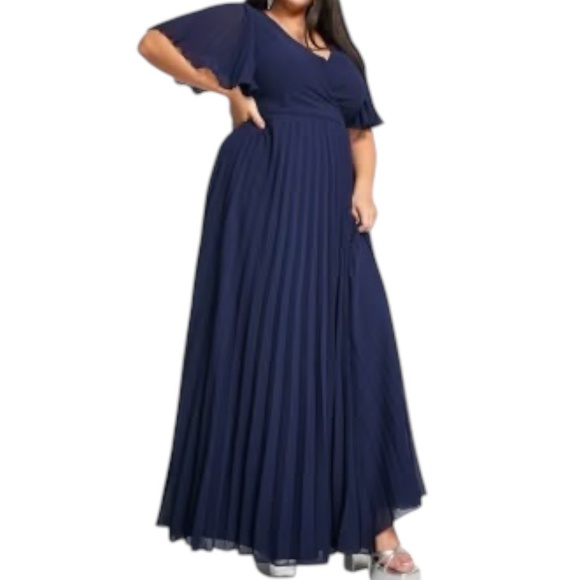 NWT Asos Design Curve Maxi Dress Navy Kimono Sleeve Pleat Evening Occasion Sz 16 - Picture 1 of 13